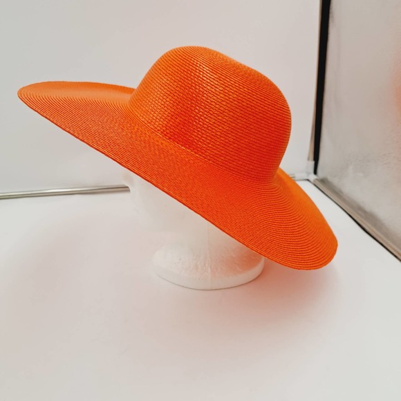 Vtg Ladies Orange Fashion Lg Wide Brim Floppy Straw Hat